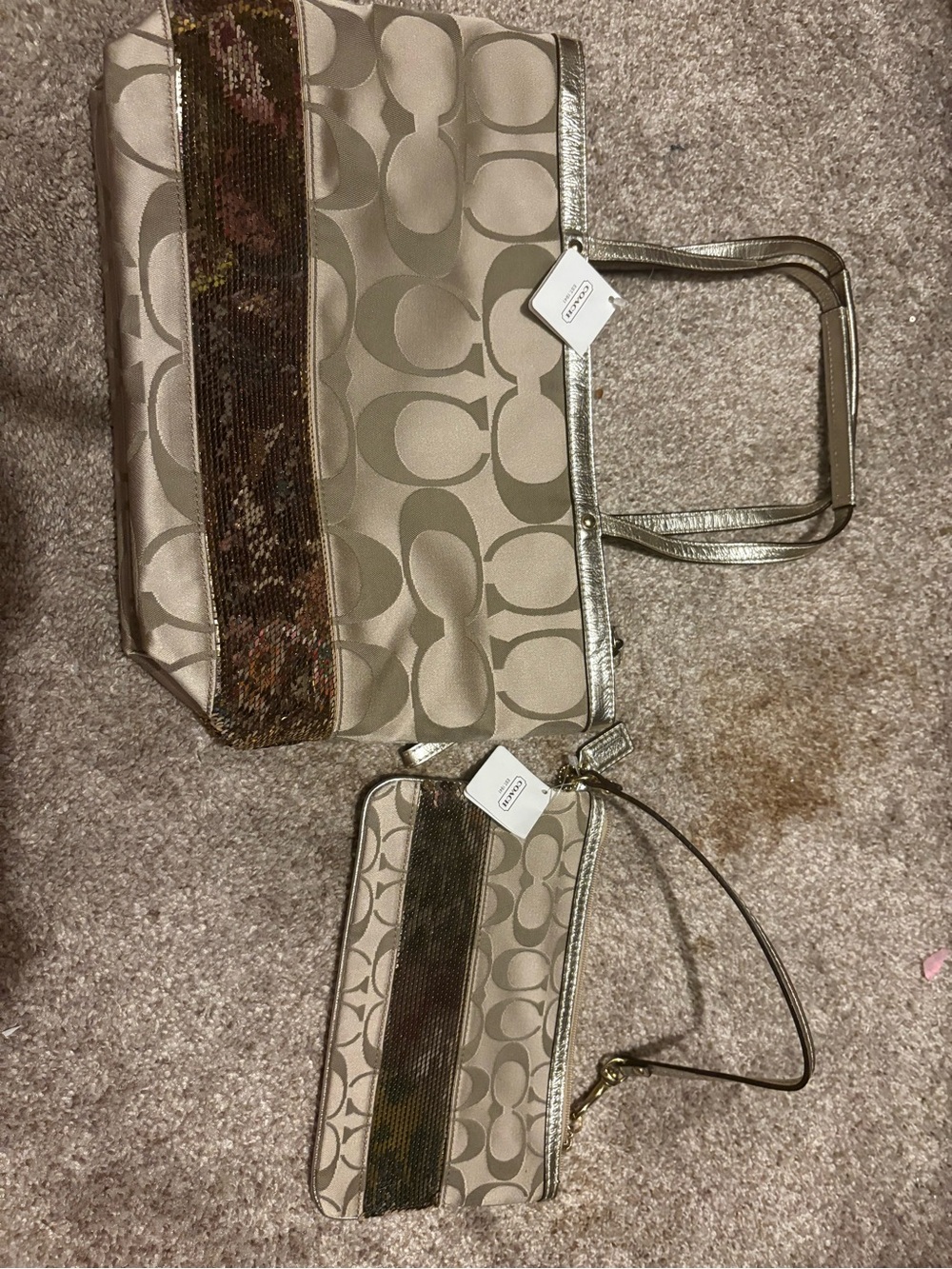 Coach Beige Signature Tote and Matching Wristlet with Gold Sequin Stripe
